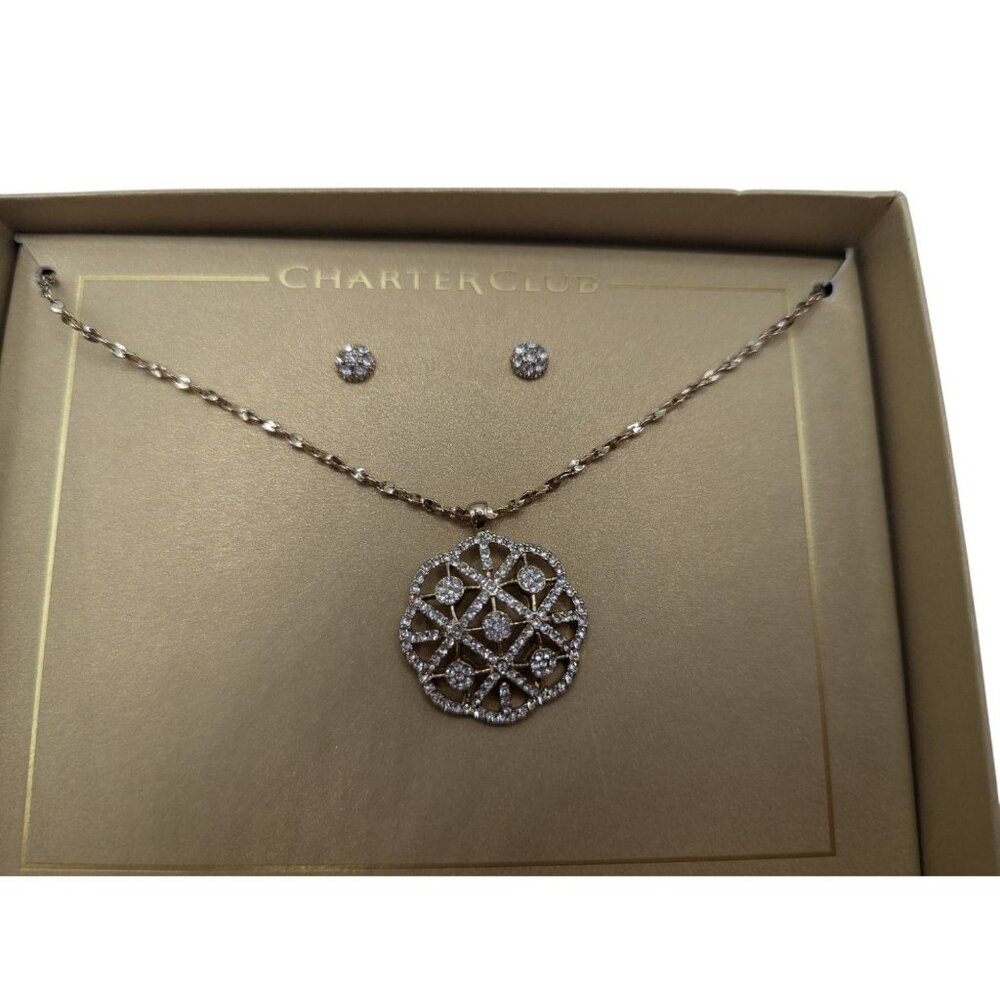 Charter Club Gold-Tone Necklace & Earring Set With Sparkling Pendant & Studs In - Picture 6 of 9